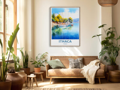 Cozy room with Ithaca Greece travel poster.