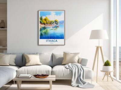 Modern living room with Ithaca painting on wall.