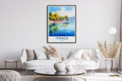 Elegant living room with Ithaca Greece poster.