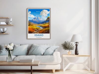 Modern living room with Idaho landscape artwork.
