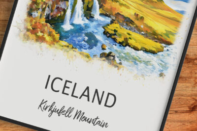 Colorful painting of Kirkjufell mountain and waterfall.