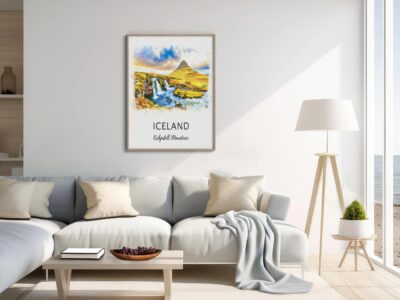 Modern living room with Iceland landscape poster