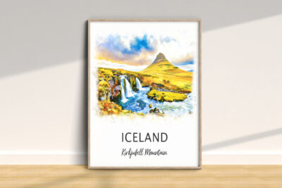 Colorful painting of Kirkjufell Mountain, Iceland waterfall scene.