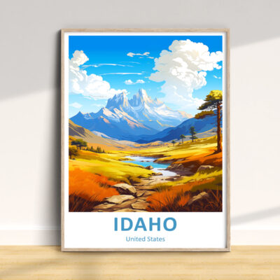 Idaho landscape poster with mountains and river.