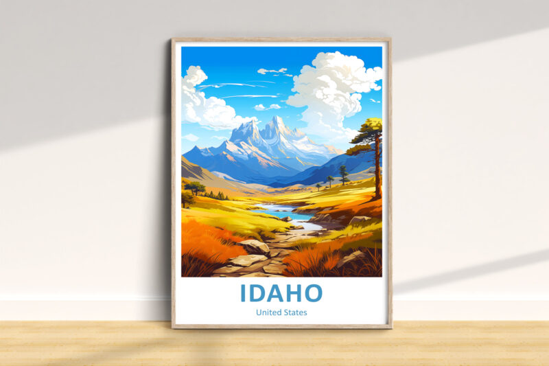 Idaho landscape poster with mountains and river.