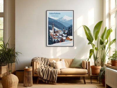Cozy living room with plants and mountain artwork