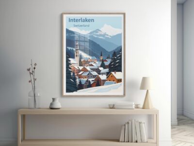 Framed Interlaken poster on modern shelf.