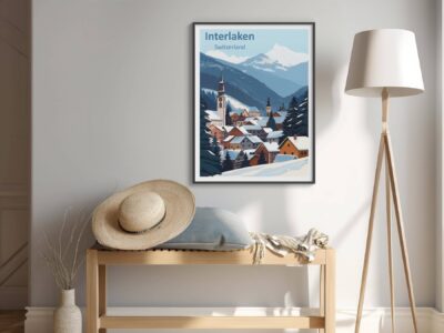 Cozy room with Interlaken poster and hat.