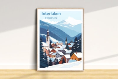 Illustrated winter scene of Interlaken, Switzerland village