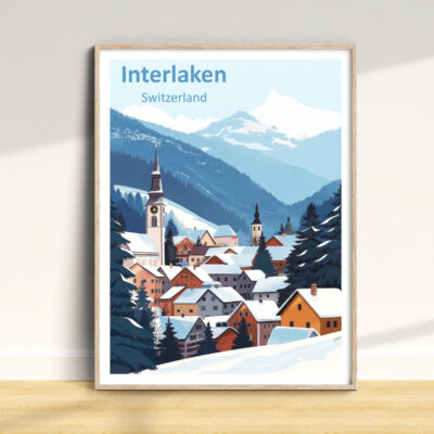 Illustrated winter scene of Interlaken, Switzerland village