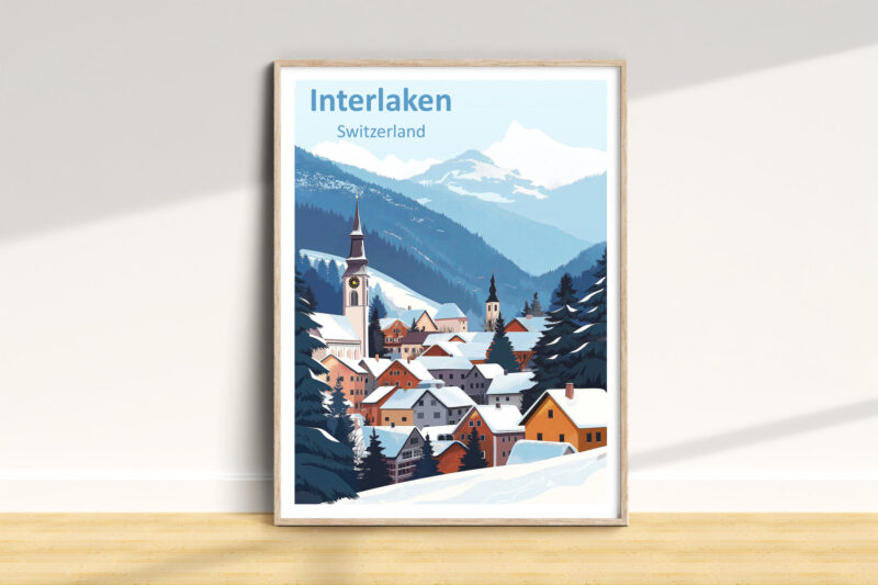Illustrated winter scene of Interlaken, Switzerland village
