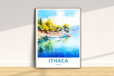 Colorful boats in Ithaca, Greece watercolor print.