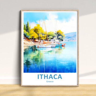Colorful boats in Ithaca, Greece watercolor print.