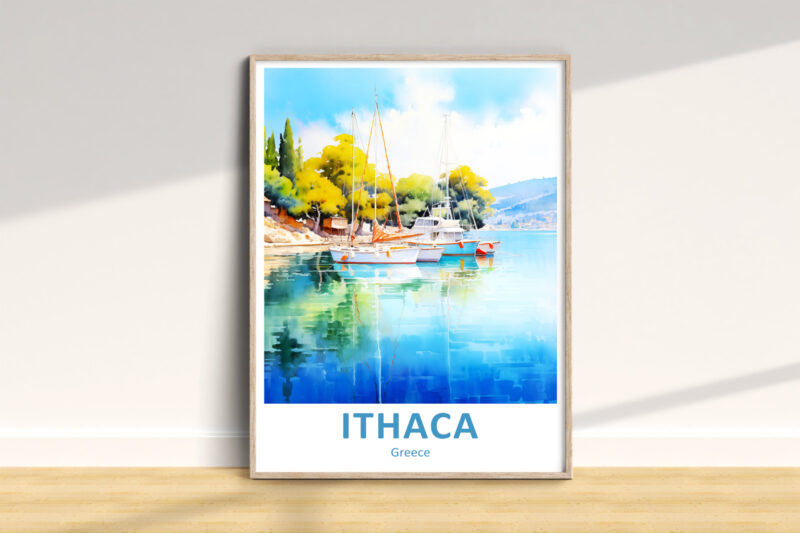 Colorful boats in Ithaca, Greece watercolor print.