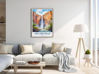 Living room with Jim Jim Falls poster on wall.