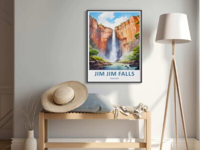 Jim Jim Falls poster, bench, hat, lamp in room.