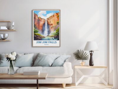 Living room with Jim Jim Falls artwork on wall.