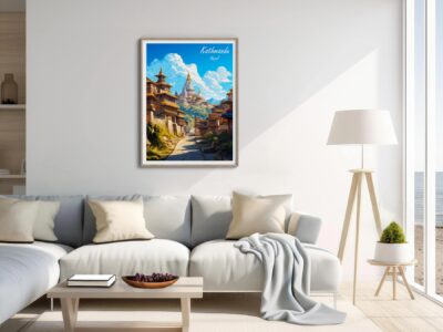 Modern living room with Kathmandu artwork.
