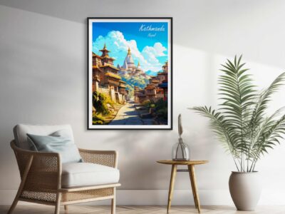 Room with Kathmandu poster and chair.