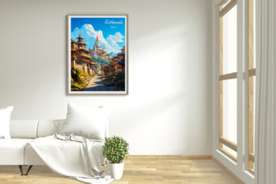 Kathmandu poster in bright room with couch