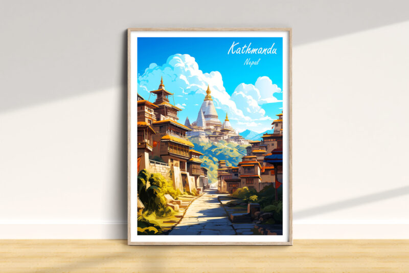 Illustration of Kathmandu with temples and mountains.
