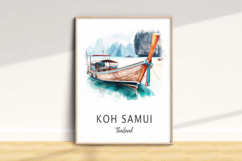 Framed watercolor of Koh Samui longtail boat.
