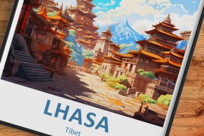 Illustrated Lhasa, Tibet with temples and mountains.