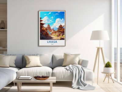 Living room with Lhasa travel poster on wall.