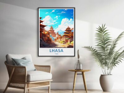 Framed Lhasa Tibet artwork in modern room.