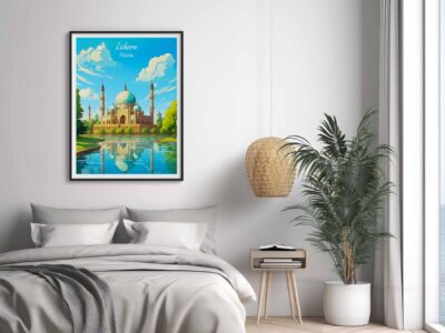 Stylish bedroom with Lahore mosque artwork.