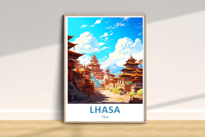 Colorful illustration of Lhasa, Tibet landscape.