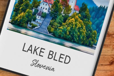 Scenic photograph of Lake Bled, Slovenia.