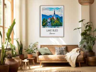Cozy living room with Lake Bled poster.