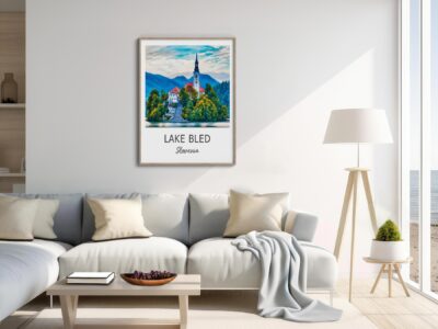 Modern living room with Lake Bled artwork.