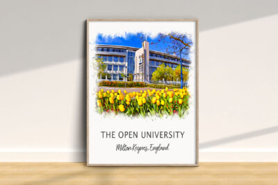 Open University poster with yellow tulips.