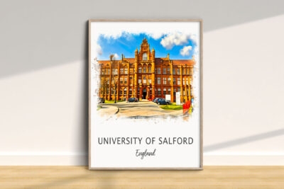 University of Salford building illustration in frame.