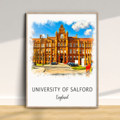 University of Salford building illustration in frame.