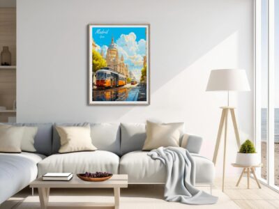 Modern living room with Madrid poster on wall.