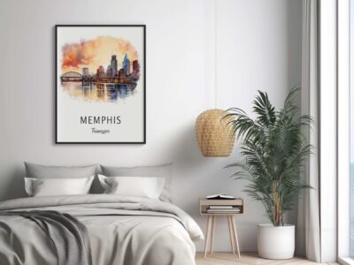 Bedroom with Memphis skyline artwork on wall.