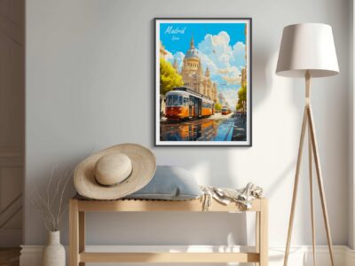 Madrid tram poster in modern, minimalistic room.