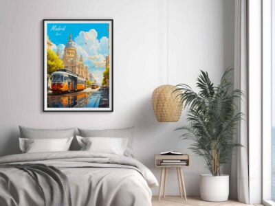 Cozy bedroom with Madrid tram artwork.