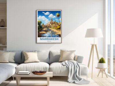 Modern living room with Marrakesh poster on wall.