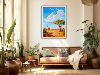 Living room with plants and Maasai Mara poster.