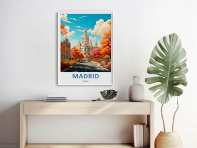 Madrid poster on minimalist shelf with decor.
