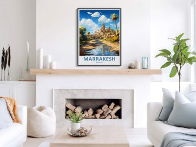 Stylish living room with Marrakesh poster on wall.