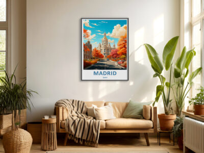 Cozy living room with Madrid poster and plants.