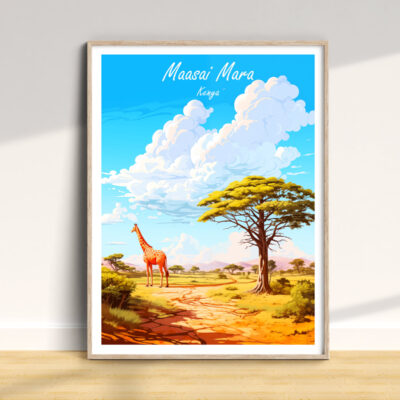 Illustration of Maasai Mara landscape with giraffe.