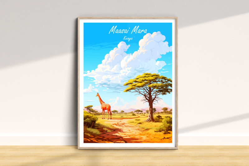 Illustration of Maasai Mara landscape with giraffe.