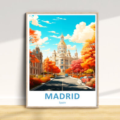 Madrid artwork with autumn colors and architecture.
