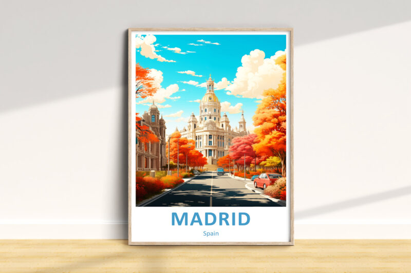 Madrid artwork with autumn colors and architecture.